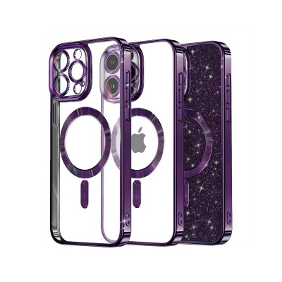 Husa iPhone 15 Pro, Crystal Glitter MagSafe cu Protectie La Camere, Purple